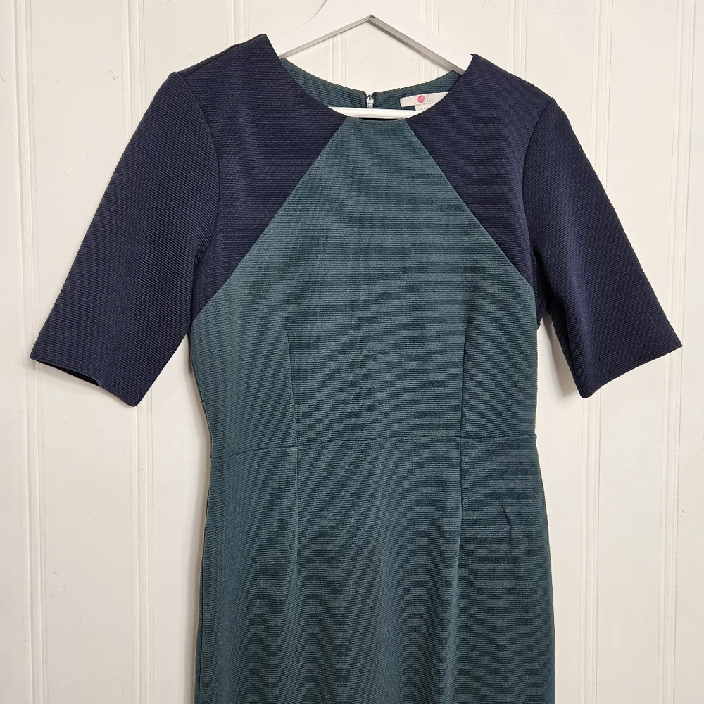 Boden Poppy Ponte Colorblock Dress 6L Green Navy Sheath Work Career Midi